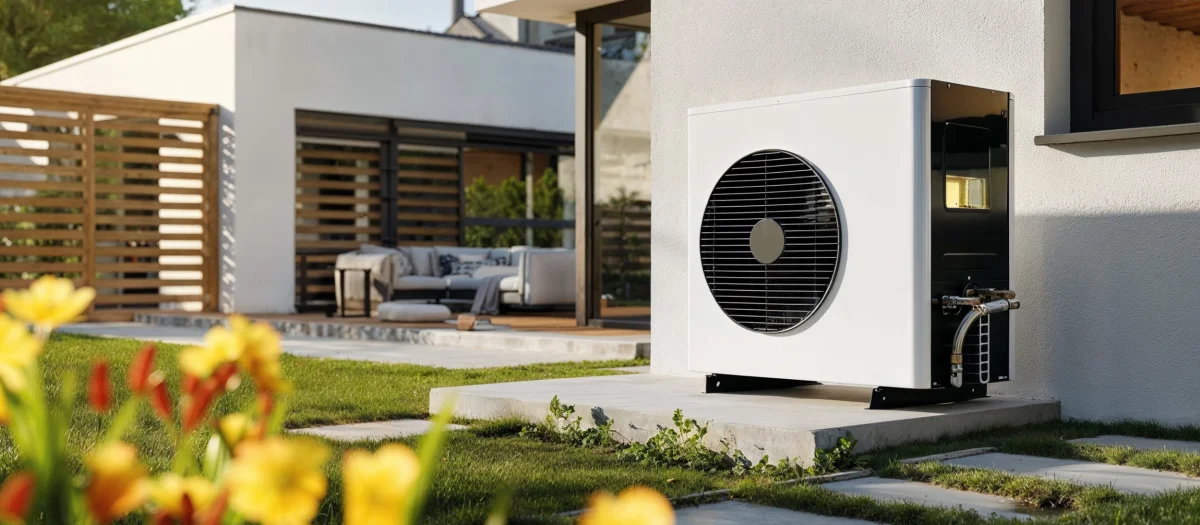 Moderne Wärmepumpe vor Einfamilienhaus – Symbol für energieeffizientes Heizen mit nachhaltigem Havenstrom von GEW Wilhelmshaven.