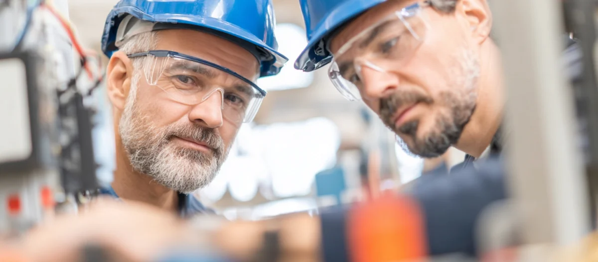 Zwei Techniker mit Schutzhelmen arbeiten konzentriert an einer Anlage – Symbol für Teamarbeit, Fachkompetenz und Karrierechancen in der Energiebranche bei GEW Wilhelmshaven.
