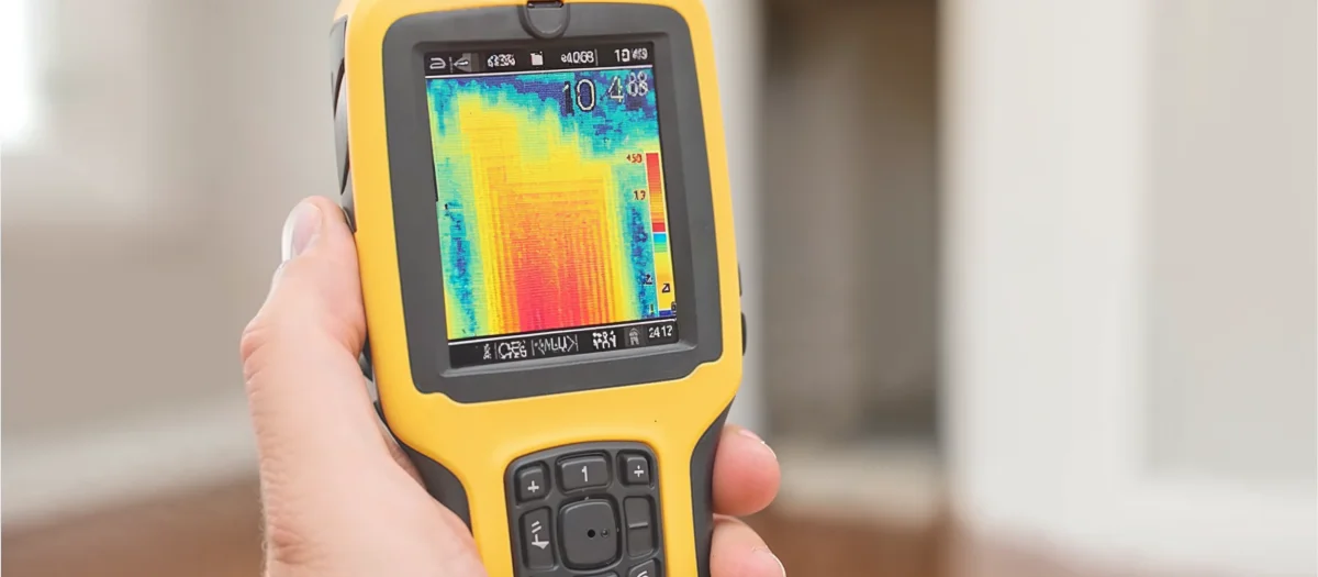 Hand hält Thermografie-Messgerät zur Wärmebildanalyse – Symbol für Energieeffizienz und Wärmeverlustmessung durch GEW Wilhelmshaven.