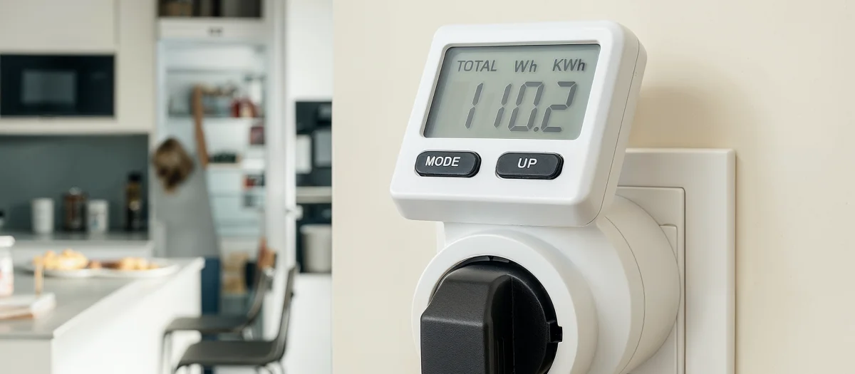 Strommessgerät in Steckdose misst Energieverbrauch in der Küche – Symbol für effiziente Energienutzung und Stromsparberatung durch GEW Wilhelmshaven.