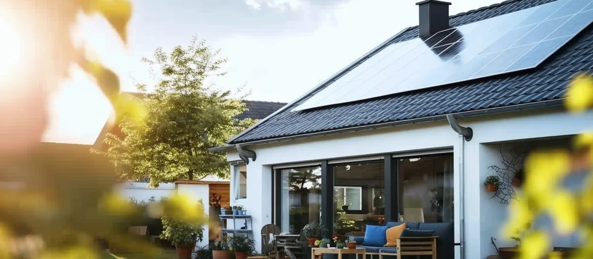 Modernes Einfamilienhaus mit Solaranlage auf dem Dach – Symbol für nachhaltige Stromerzeugung und Photovoltaiklösungen von GEW Wilhelmshaven.