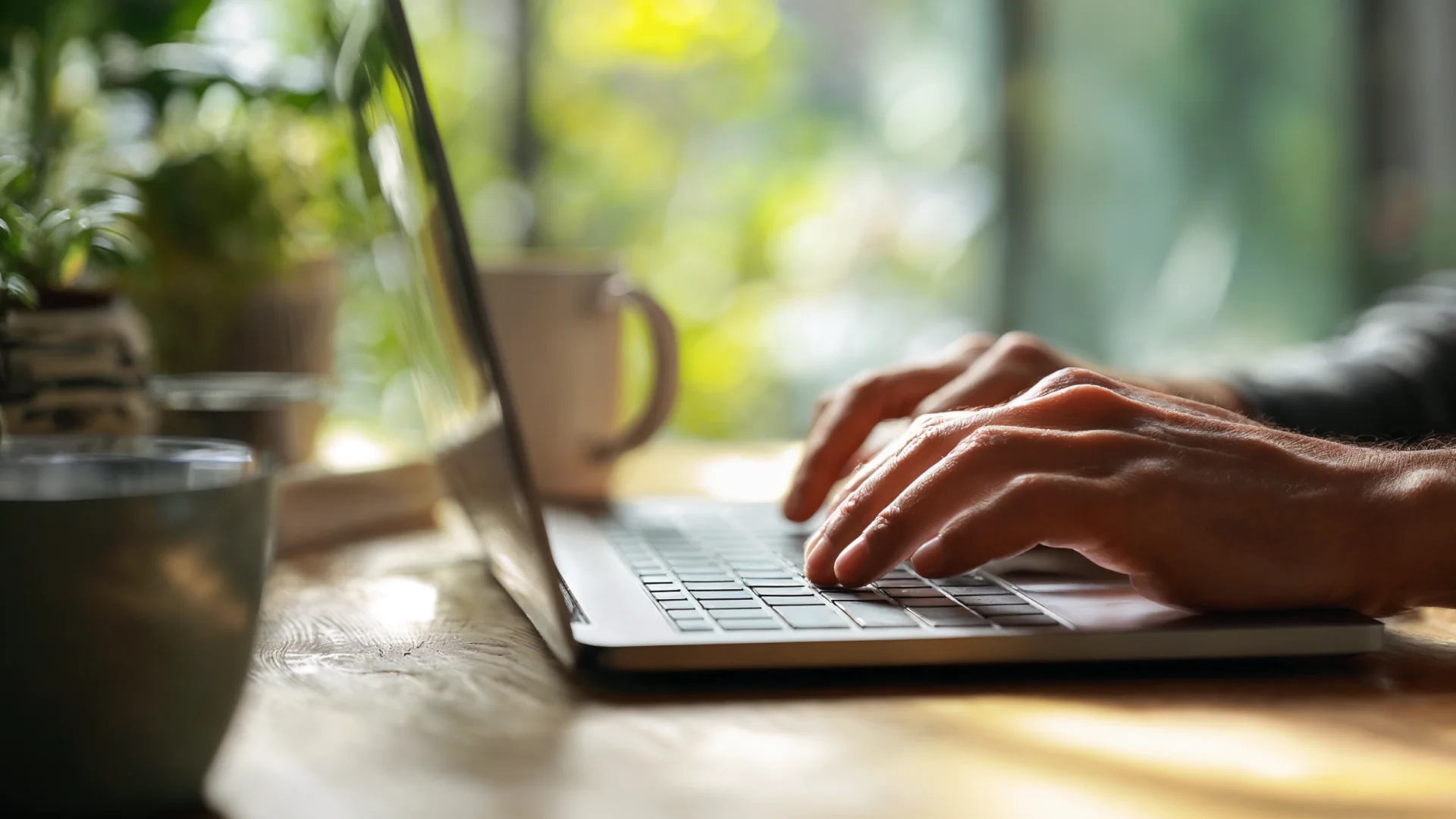 Hände tippen auf Laptop im Sonnenlicht – Symbol für digitalen Kundenservice und transparente Online-Informationen bei GEW Wilhelmshaven.