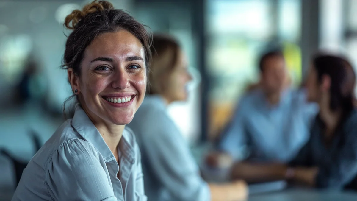 Lächelnde Mitarbeiterin im Gespräch mit Kolleginnen und Kollegen – Symbol für Teamgeist, Motivation und modernes Arbeiten bei GEW Wilhelmshaven.