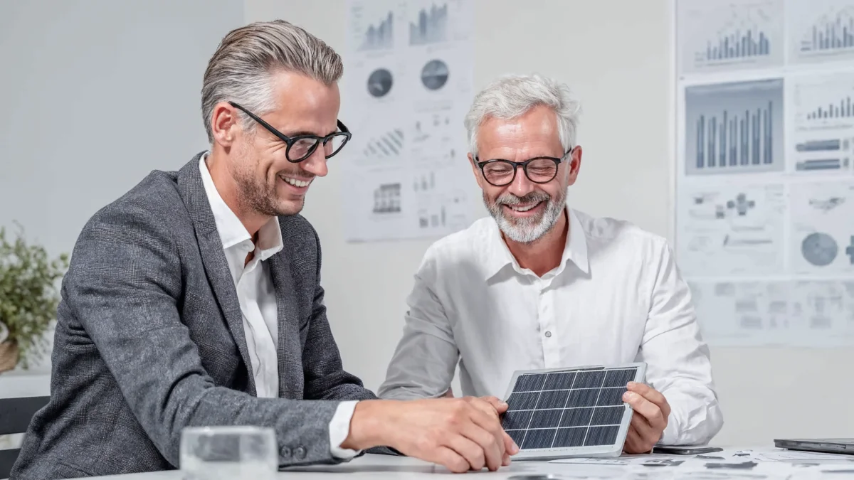 Zwei Energieberater besprechen Solartechnik – Symbol für kompetente Beratung zu Photovoltaik, Energieeffizienz und erneuerbaren Energien mit GEW Wilhelmshaven.