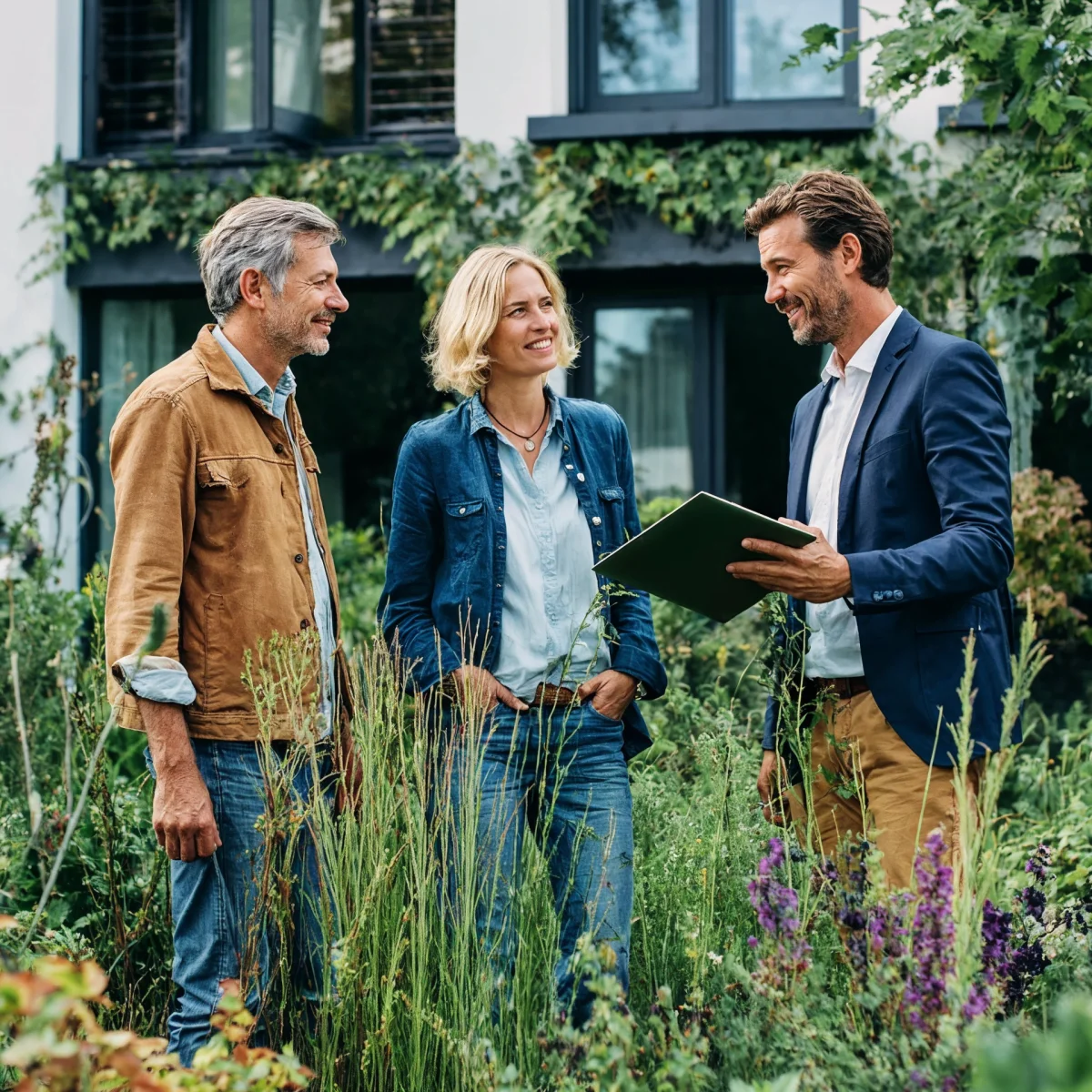 Energieberater spricht mit Hausbesitzern im Garten – Symbol für persönliche, nachhaltige Energieberatung und Klimaschutz mit GEW Wilhelmshaven.