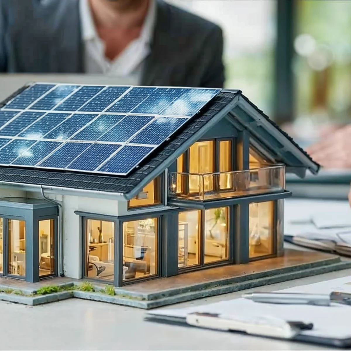 Modellhaus mit Solaranlage und Unterlagen zur Energieplanung – Symbol für innovative Wärmelösungen und nachhaltige Energieversorgung mit Wärme plus von GEW Wilhelmshaven.