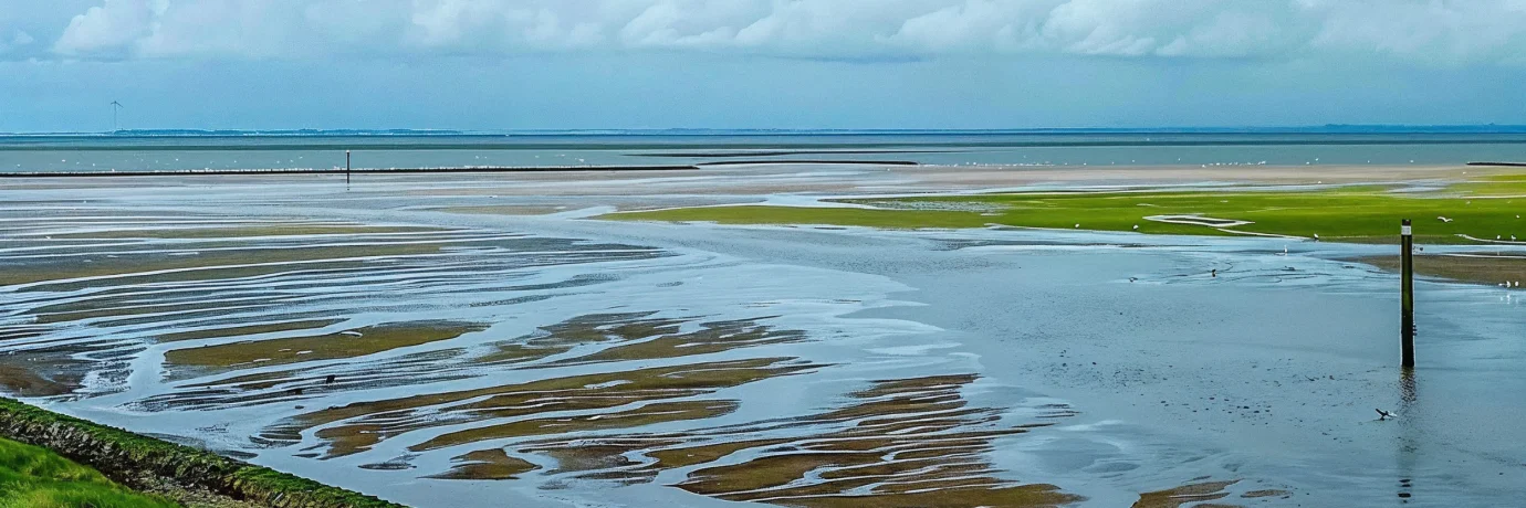 Blick auf das Wattenmeer bei Ebbe vor Wilhelmshaven – Symbol für natürliche Energie, Nachhaltigkeit und regionale Verbundenheit mit GEW Wilhelmshaven: havengas basis.