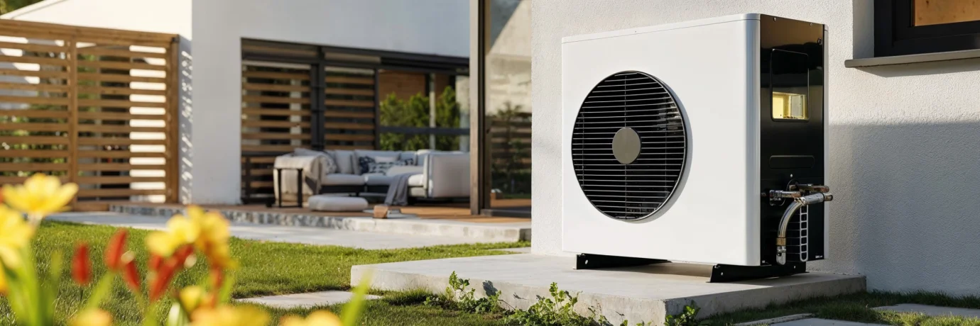 Moderne Wärmepumpe vor Einfamilienhaus – Symbol für energieeffizientes Heizen mit nachhaltigem Havenstrom von GEW Wilhelmshaven.