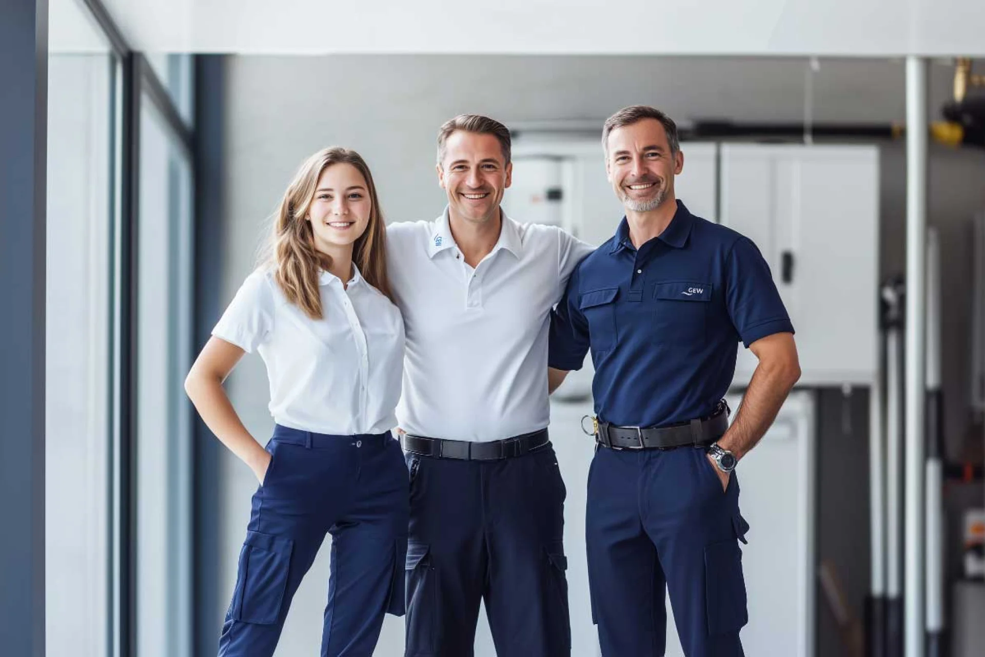 Freundliches GEW-Team steht gemeinsam und lächelt – Symbol für kompetenten Service, Kundennähe und regionale Energieversorgung in Wilhelmshaven.