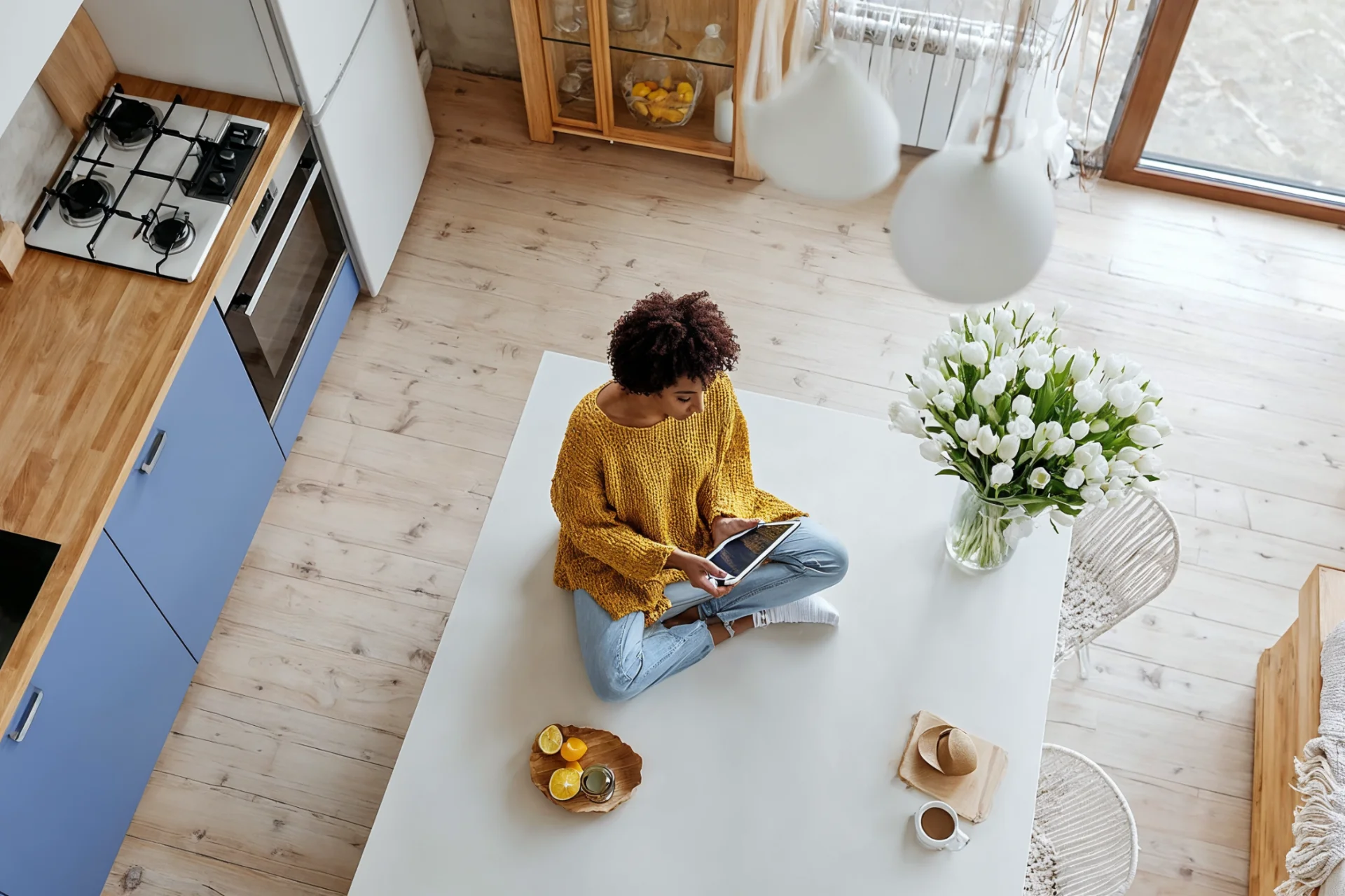 Person sitzt mit Tablet in moderner Küche – Symbol für nachhaltige Energienutzung, digitale Lösungen und Beratung durch GEW Wilhelmshaven.