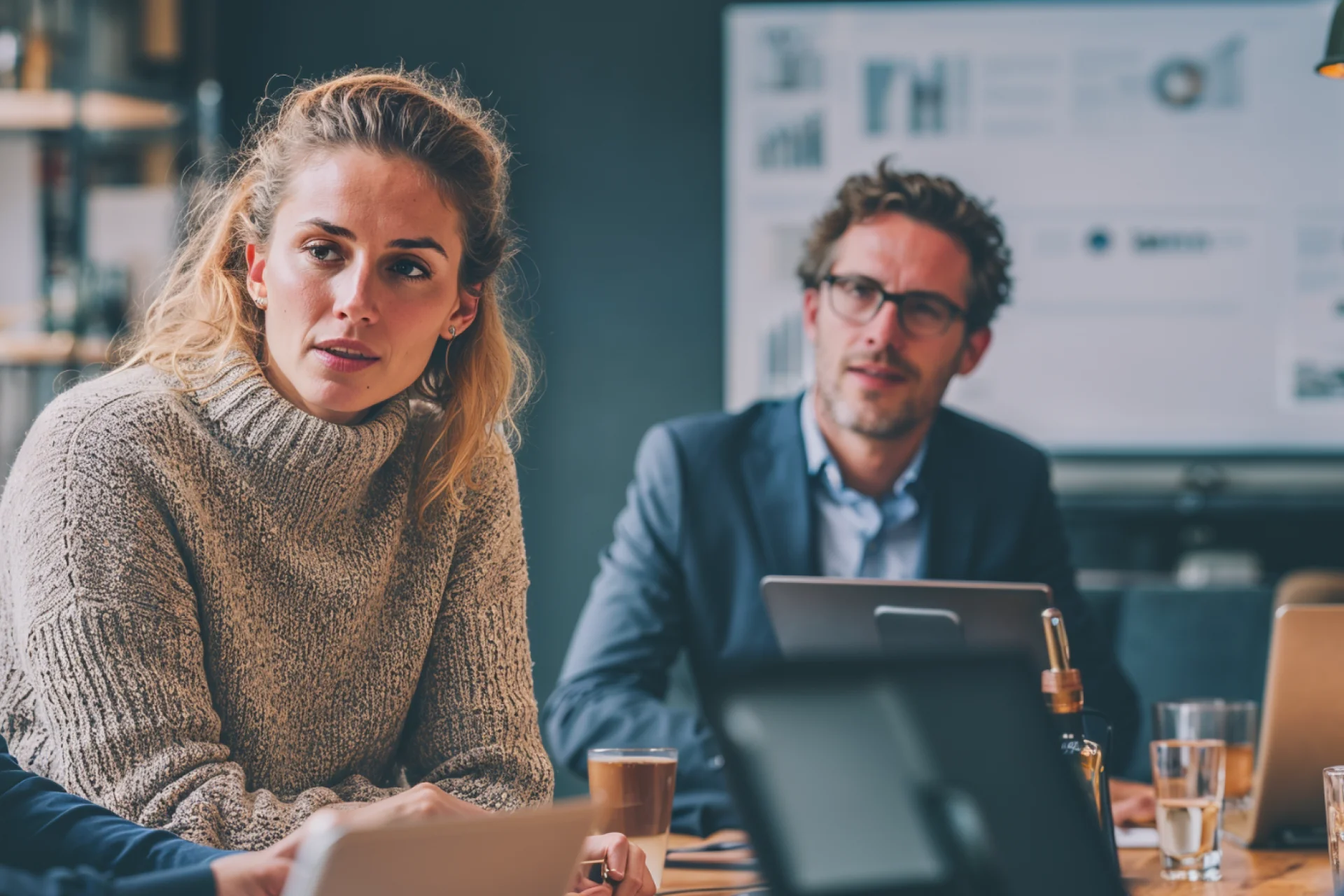 Team im Meeting analysiert Energiedaten und Diagramme – Symbol für professionelle Energieberatung und datenbasiertes Energiedatenmanagement durch GEW Wilhelmshaven.