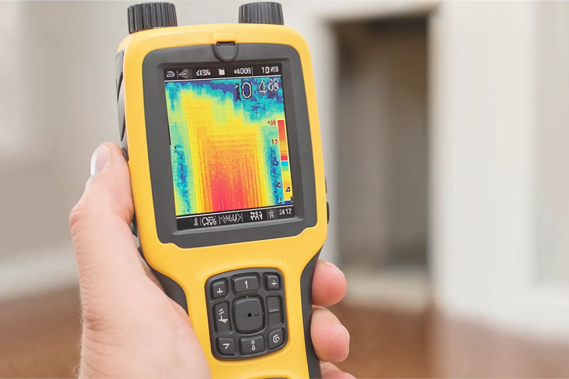 Hand hält Thermografie-Messgerät zur Wärmebildanalyse – Symbol für Energieeffizienz und Wärmeverlustmessung durch GEW Wilhelmshaven.
