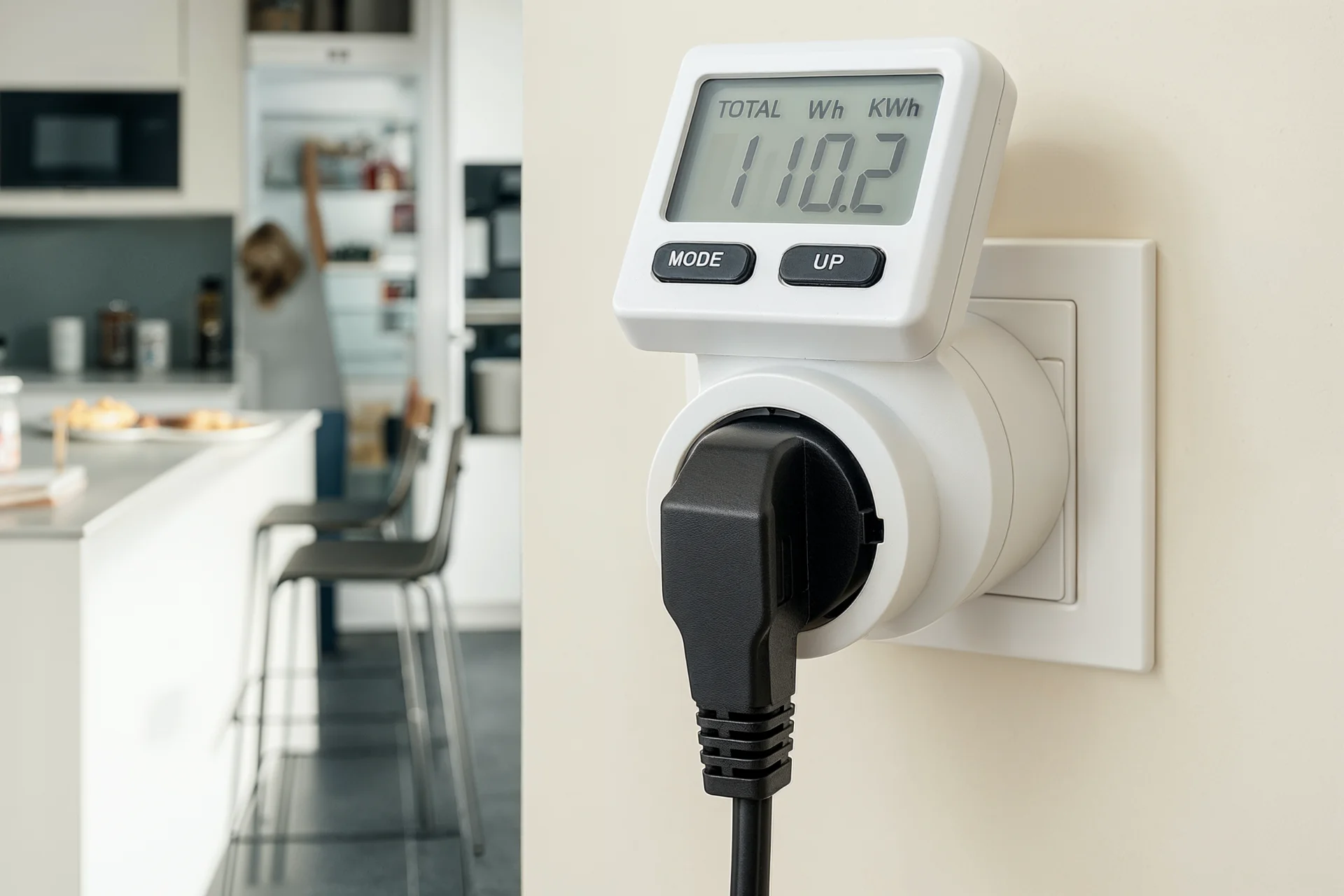 Strommessgerät in Steckdose misst Energieverbrauch in der Küche – Symbol für effiziente Energienutzung und Stromsparberatung durch GEW Wilhelmshaven.