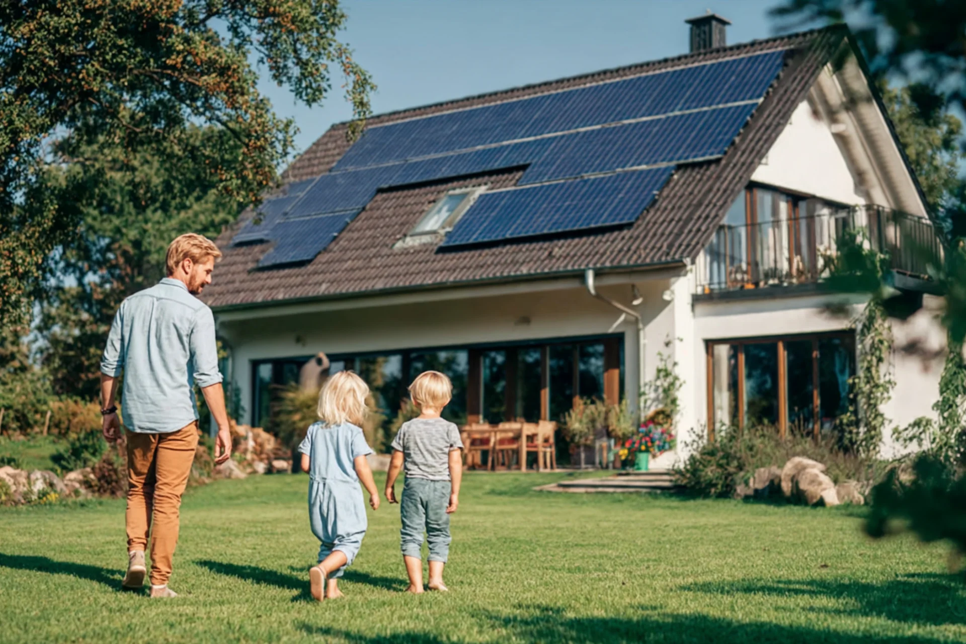 Familie geht auf Haus mit großer Solaranlage im Garten zu – Symbol für nachhaltige Energieversorgung und umweltfreundlichen Solarstrom von GEW Wilhelmshaven.