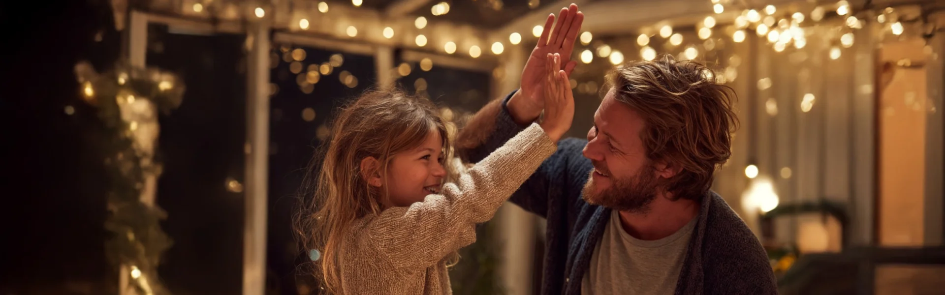 Vater und Kind klatschen sich lächelnd ab unter warmen Lichtern – Symbol für Lebensfreude, Geborgenheit und verlässliche Energie von GEW Wilhelmshaven.