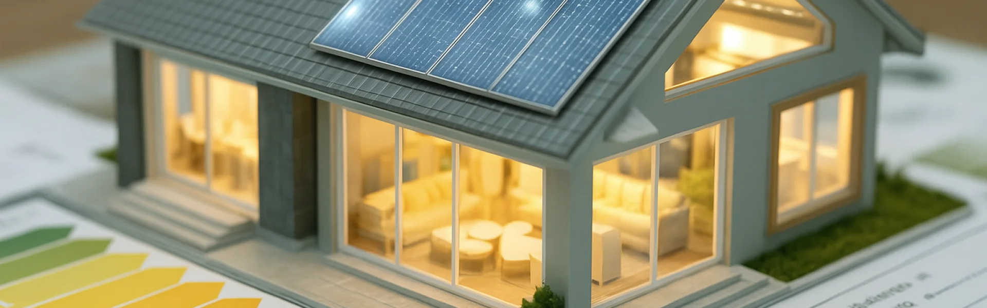 Modellhaus mit Solarpaneelen auf Energieausweis – Symbol für Energieeffizienz, nachhaltiges Bauen und Gebäudeenergieberatung durch GEW Wilhelmshaven.