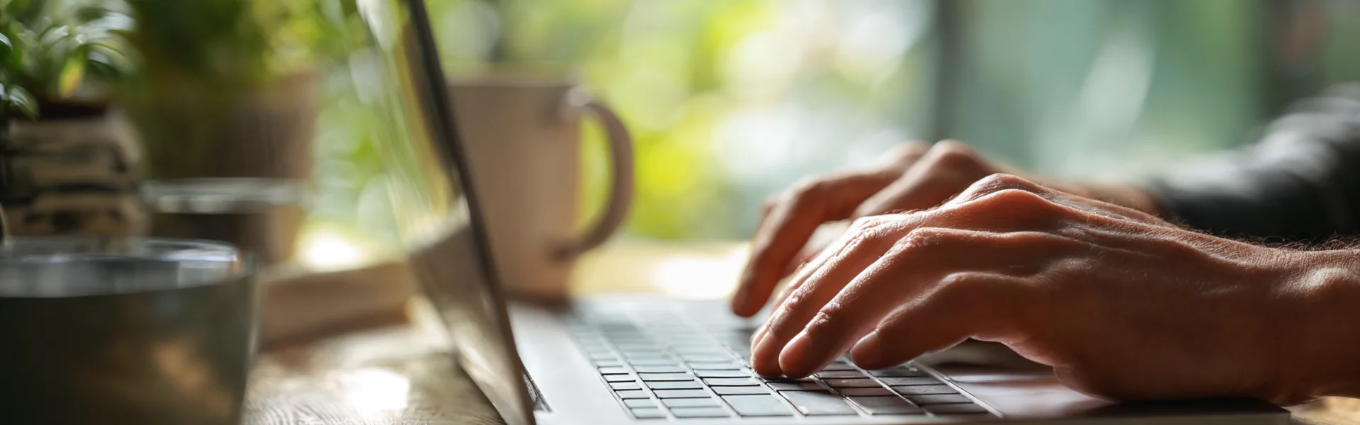 Hände tippen auf Laptop im Sonnenlicht – Symbol für digitalen Kundenservice und transparente Online-Informationen bei GEW Wilhelmshaven.