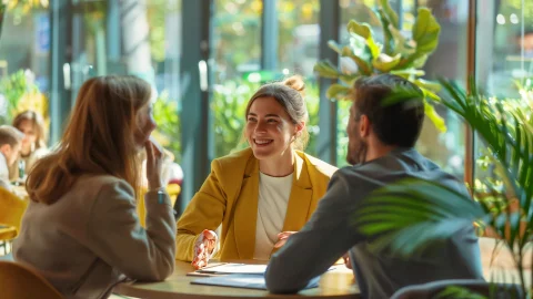 Lächelnde Personen im Beratungsgespräch – Symbol für persönliche Energieberatung und kundennahe Betreuung durch GEW Wilhelmshaven.