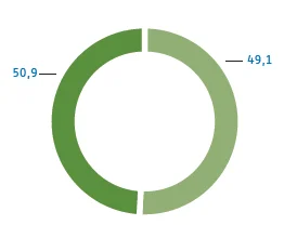 Kreisdiagramm: Ökostromprodukte der GEW Wilhelmshaven – 50,9 % erneuerbare Energien nach EEG (grün) und 49,1 % sonstige erneuerbare Energien mit Herkunftsnachweisen (olivgrün).